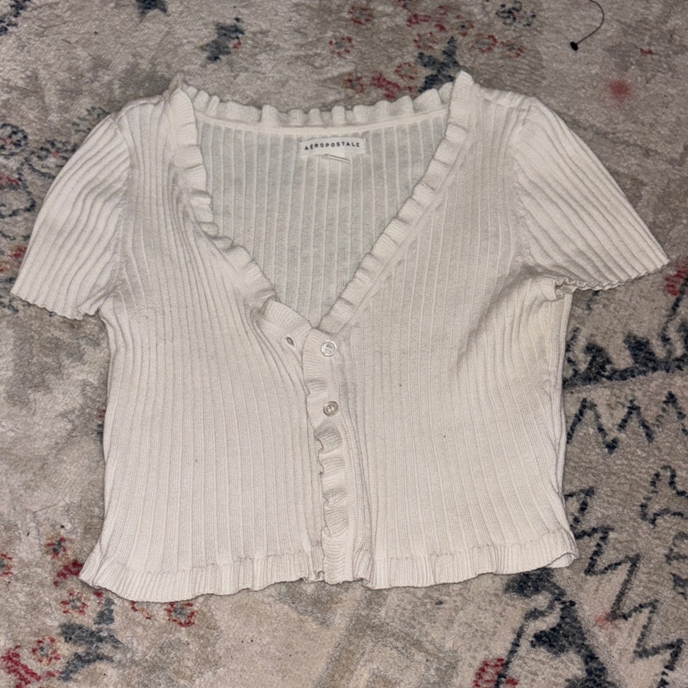Aeropostale Women's White Ribbed Button-Up Top